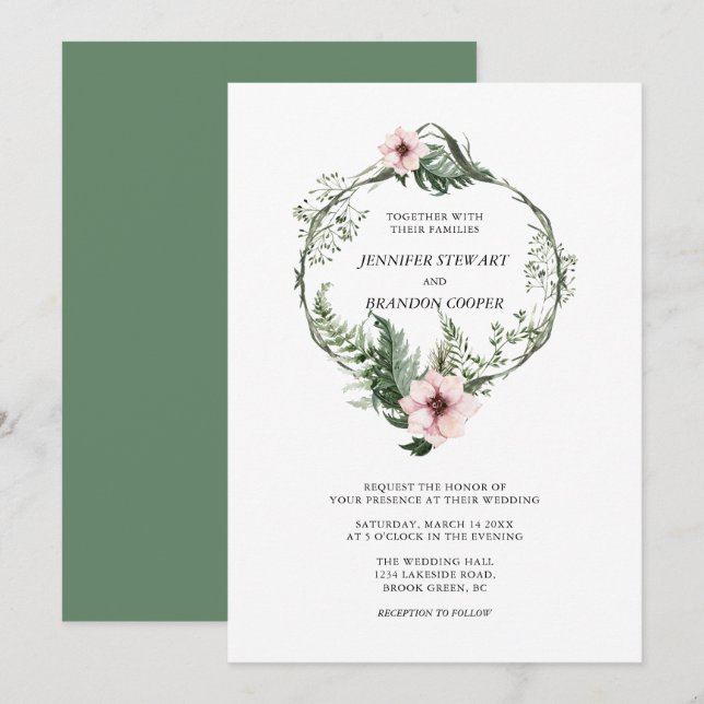 Convite de Casamento com Coroa Floral em Aquarela  (Frente/Verso)