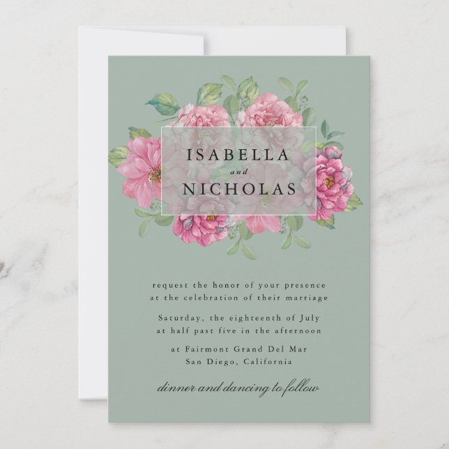 Convite de Casamento com Coroa Floral em Fundo Ver (Frente)