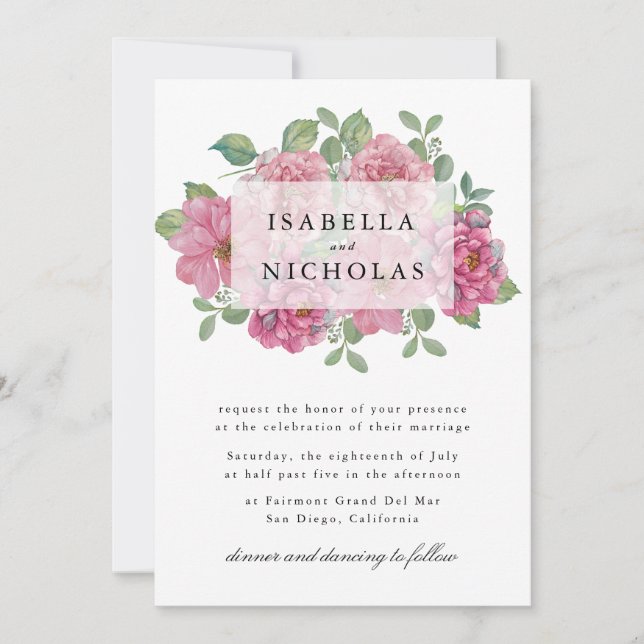 Convite de Casamento com Coroa Floral Rosa (Frente)