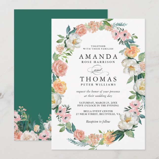 Convite de Casamento com Coroa Floral Verde (Frente/Verso)