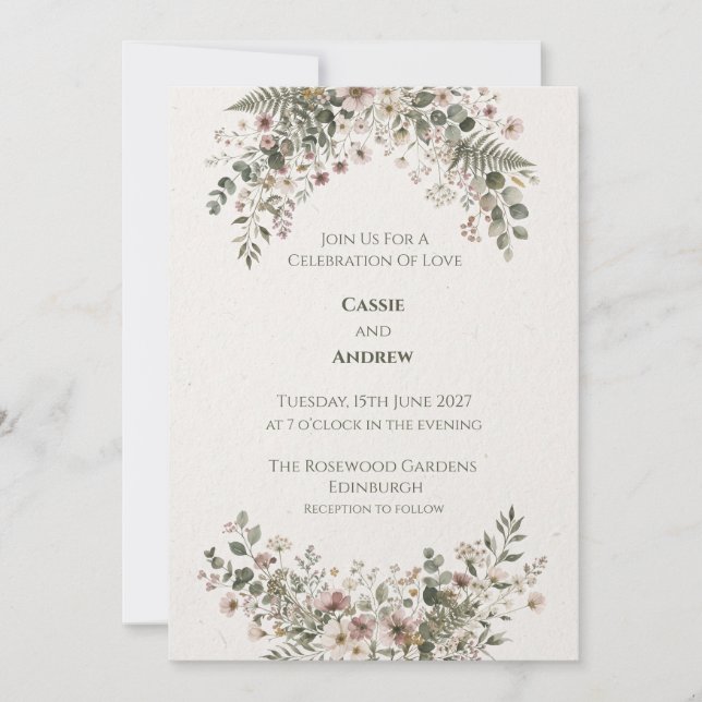 Convite de Casamento com Coroa Floral Verde (Frente)