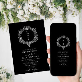 convite de casamento com crista de folhagem preto 