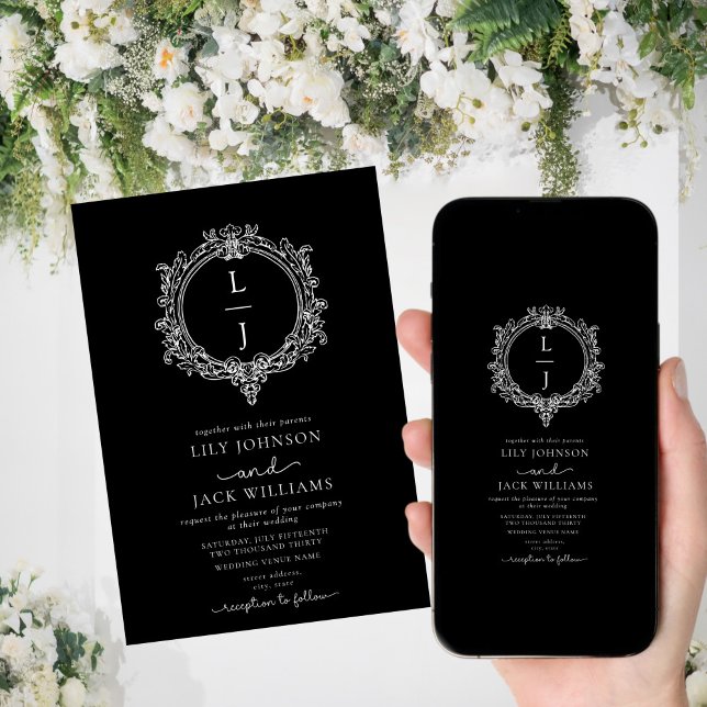 convite de casamento com crista de folhagem preto  (Criador carregado)