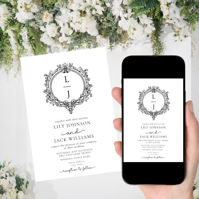 convite de casamento com crista de folhagem preto  (Criador carregado)