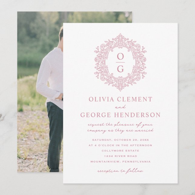 Convite de Casamento com Crista de Herança Rosa El (Frente/Verso)