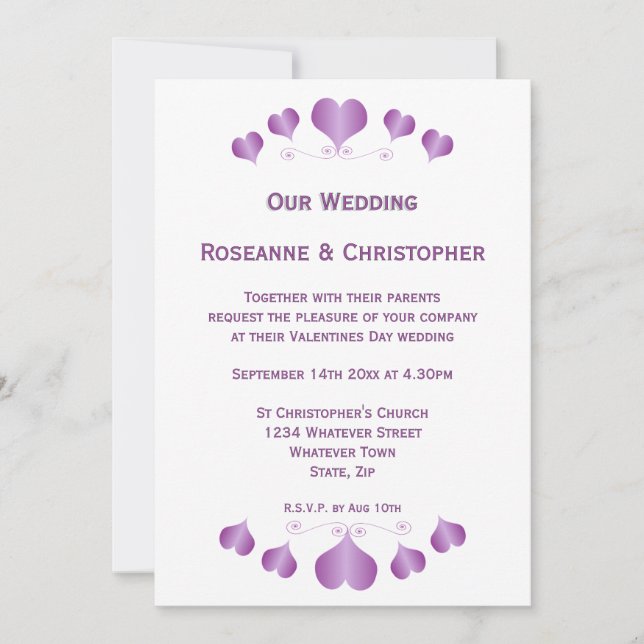 Convite de Casamento com Desenho de Corações Roxos (Frente)