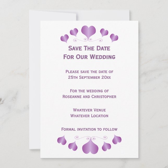 Convite de Casamento com Desenho de Corações Roxos (Frente)