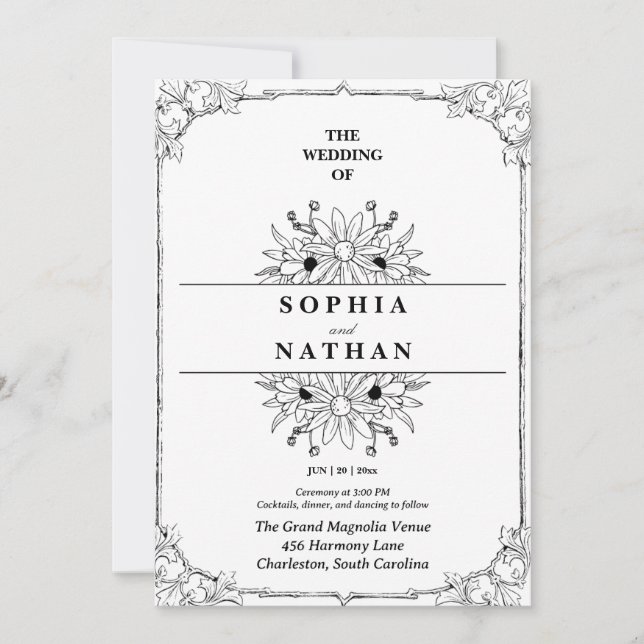 Convite de Casamento com Desenho de Flor Silvestre (Frente)