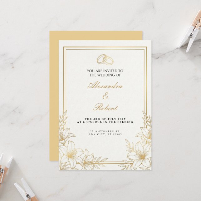 Convite de Casamento com Desenho de Lírio Dourado (Frente/Verso In Situ)