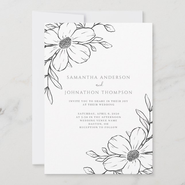 Convite de Casamento com Desenho Floral Preto (Frente)