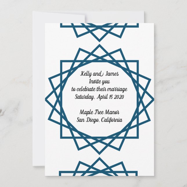 convite de casamento com desenho geométrico azul (Frente)