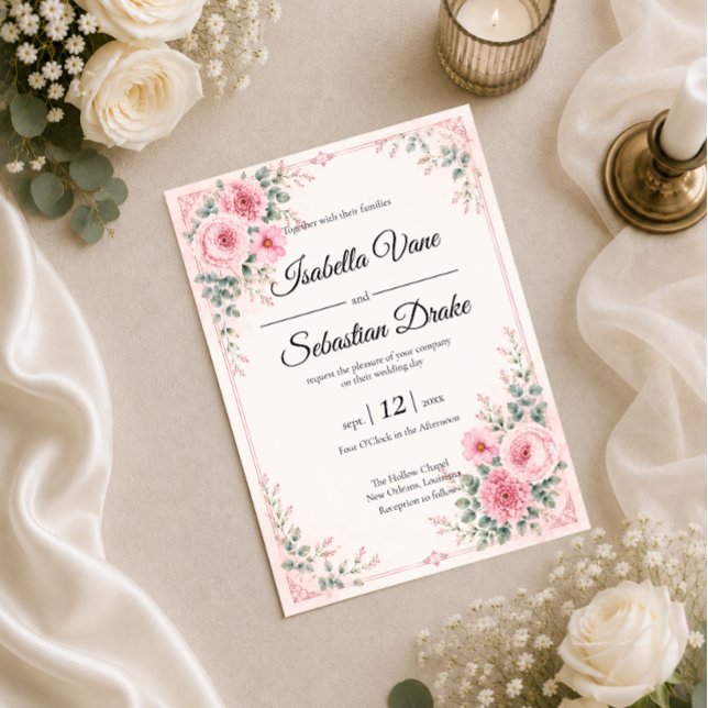 Convite de Casamento com Design Floral Rosa Românt (Criador carregado)