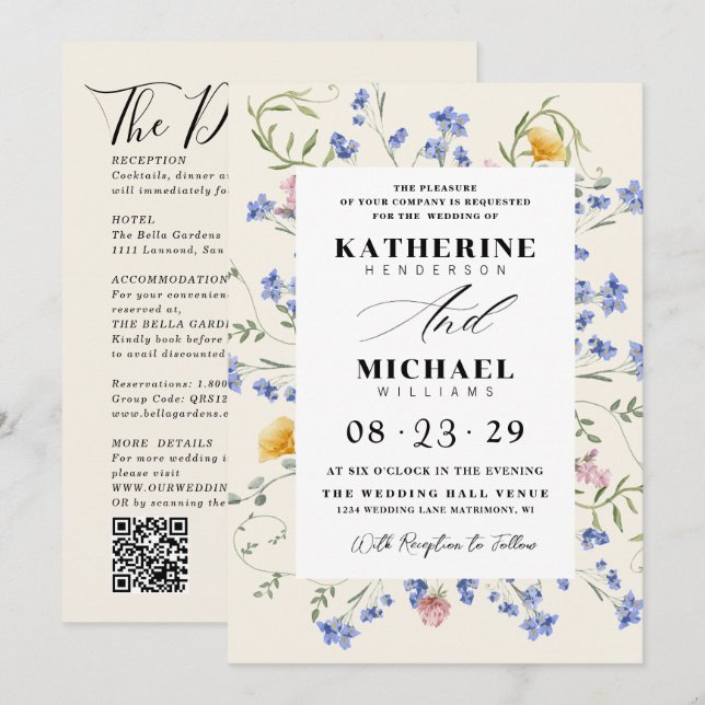 Convite de Casamento com Detalhes de Campo de Flor (Frente/Verso)