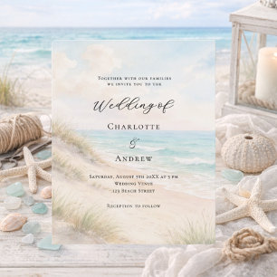 Convite de casamento com dunas de areia na praia e