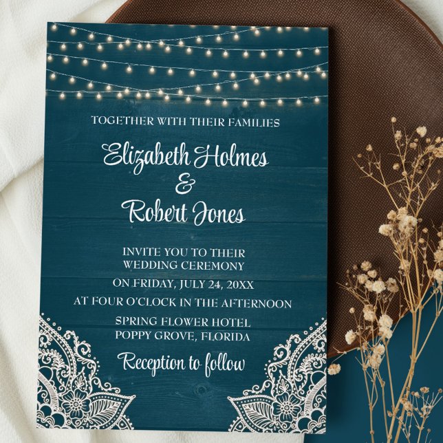 Convite de Casamento com Elegância Rústica em Teal (Dark Teal Wooden  String Lights and Lace Wedding Invitation on brown plate with dry wildflowers)