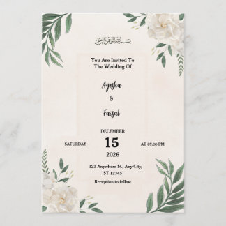 Convite de Casamento com Elegante Folhagem e Branc
