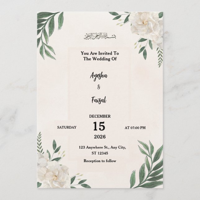 Convite de Casamento com Elegante Folhagem e Branc (Frente)