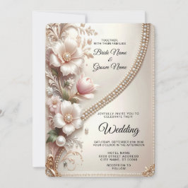 Convite de Casamento com Enfeites Florais e Pérola
