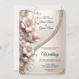 Convite de Casamento com Enfeites Florais e Pérola