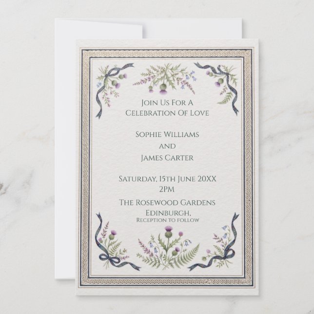 Convite de Casamento com Filigrana de Cardo Roxo (Frente)