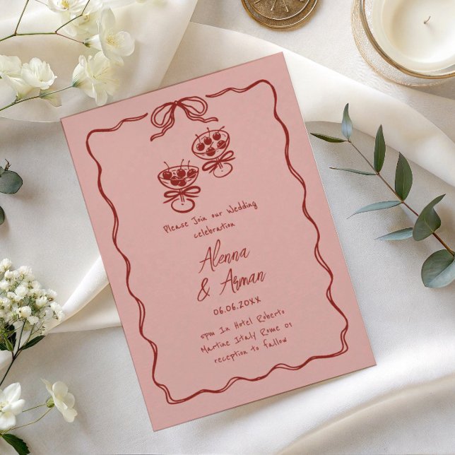 Convite de casamento com fita doodle de rosa capri (Criador carregado)