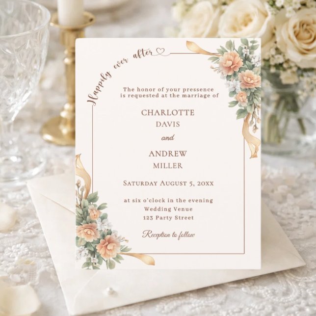 Convite de casamento com fita floral de champanhe  (Criador carregado)