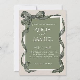 Convite de Casamento com Fita Verde Sage Elegante