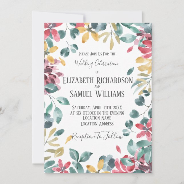 Convite de Casamento com Flor de Aquarela de Outon (Frente)