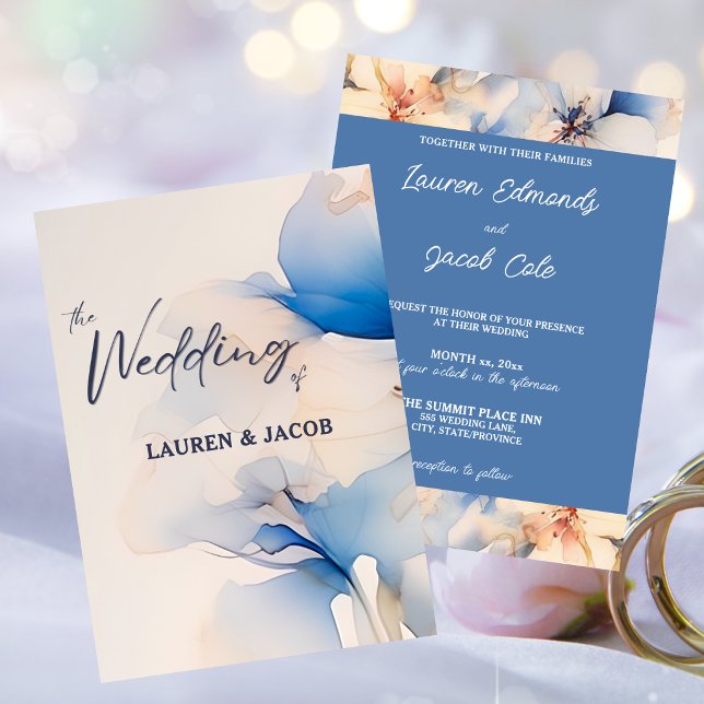 Convite de Casamento com Flor de Blossom Azul Mode (Modern Blue Floral Blossom Wedding Invitation)