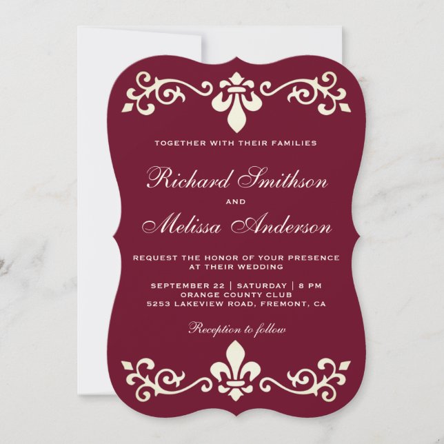 Convite de Casamento com Flor de Lis Burgundy (Frente)