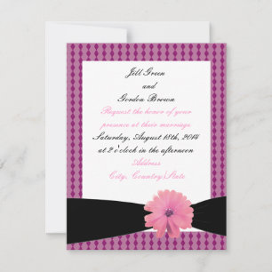 Convite de Casamento com Flor Rosa e Fita Preta