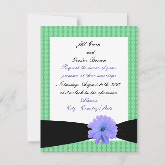 Convite de Casamento com Flor Roxa e Fita Preta (Frente)