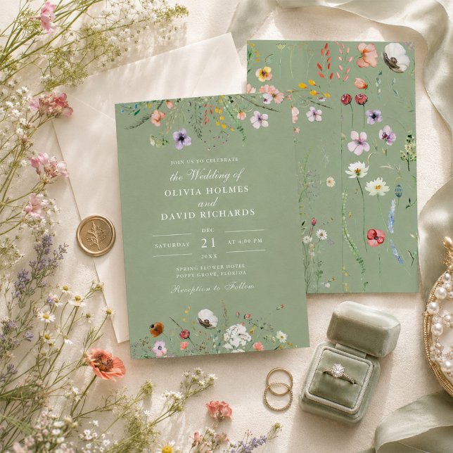 Convite de Casamento com Flor Silvestre em Verde S (Sage Green Wildflower Wedding Invitation)
