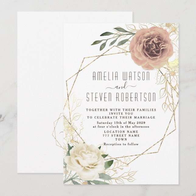 Convite de Casamento com Flora e Folhagem em Rosa  (Frente/Verso)