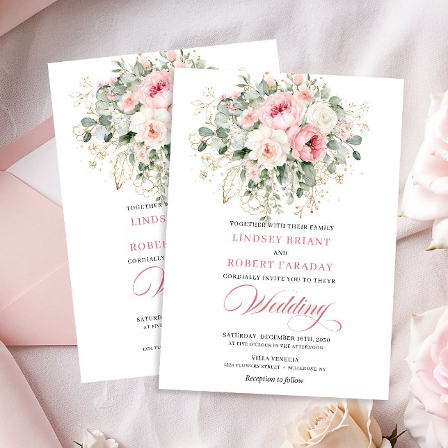 Convite de Casamento com Flora e Folhagem Rosa Sua (Graceful Blush Floral Greenery Wedding Invitation)