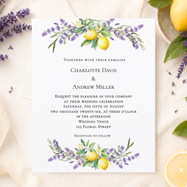 Convite de casamento com florais de lavanda e limõ (Criador carregado)