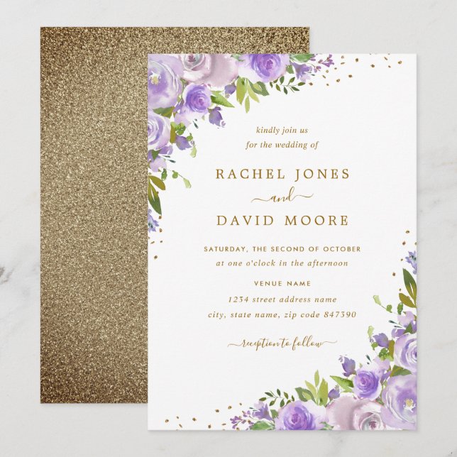 Convite de Casamento com Floral Água-tinta Dourado (Frente/Verso)