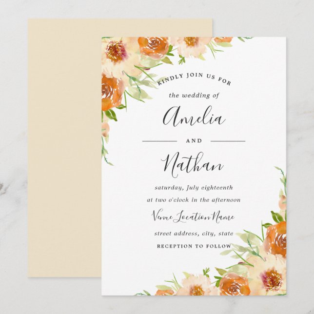 Convite de Casamento com Floral Aquarela de Verão (Frente/Verso)