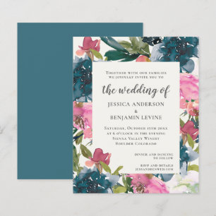 Convite de Casamento com Floral Azul Naval em Aqua