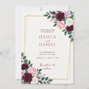 Convite de Casamento com Floral Burgundy e Borda D