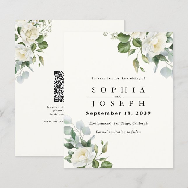 Convite de casamento com Floral de Eucalipto Cremo (Frente/Verso)