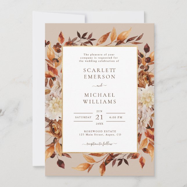 Convite de Casamento com Floral de Outono Moderno (Frente)
