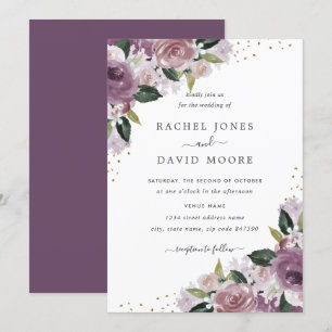 Convite de Casamento com Floral Dourado Roxo em Aq
