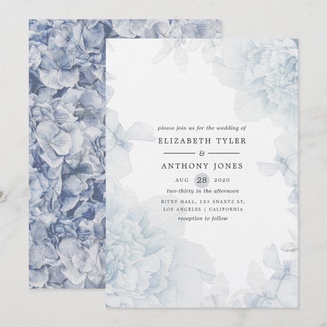 Convite de Casamento com Floral em Aquarela Azul E (Frente/Verso)