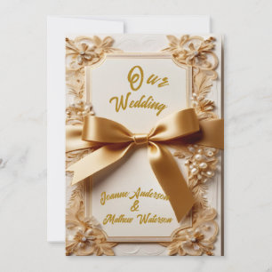 Convite de Casamento com Floral Em Relevo Laço de 