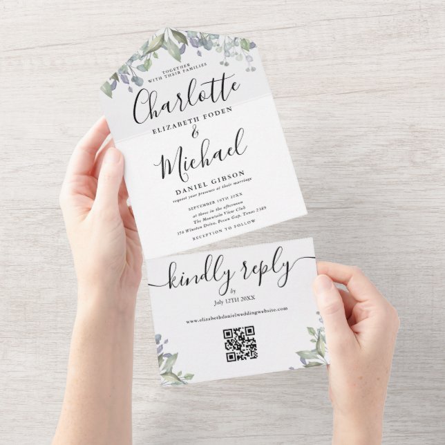 Convite de Casamento com Floral Monograma QR Code  (Aba destacável)