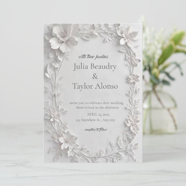 Convite de Casamento com Floral Relevo Prateado (Em pé/Frente)