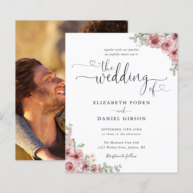 Convite de Casamento com Floral Rosa em Rótulo de  (Frente/Verso)