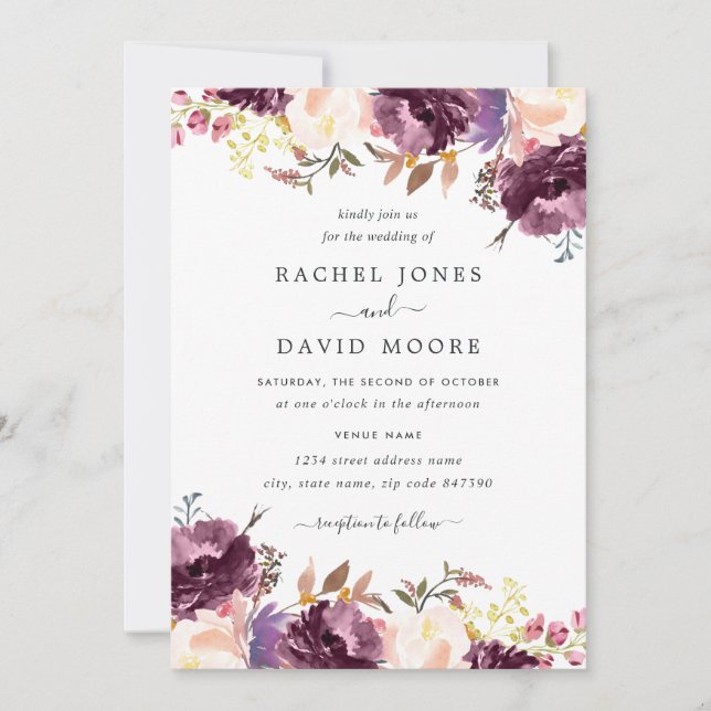 Convite de Casamento com Floral Roxo em Aquarela (Frente)
