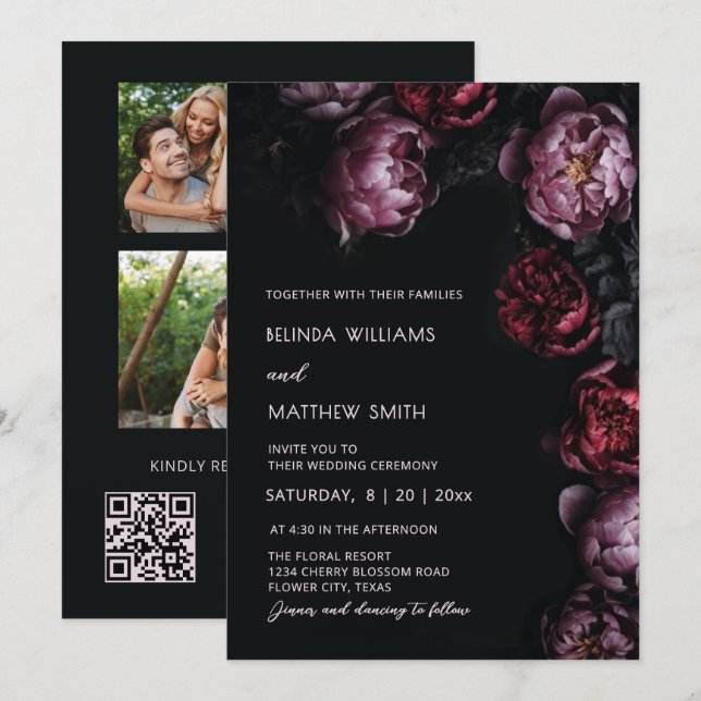 Convite de Casamento com Flores 3D Dark Moody (Frente/Verso)